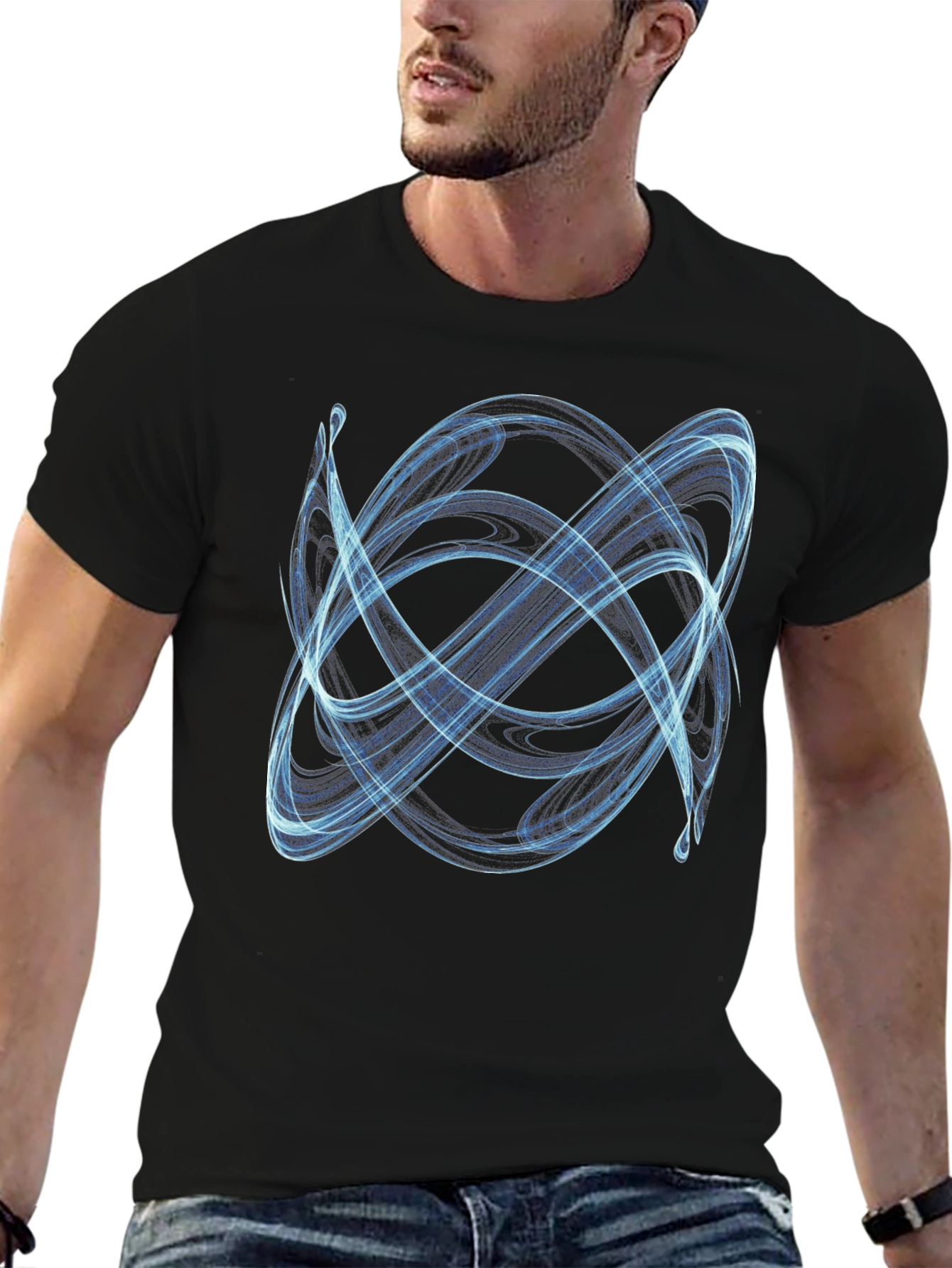 Abstract Blue Swirl Graphic Print Black T-Shirt