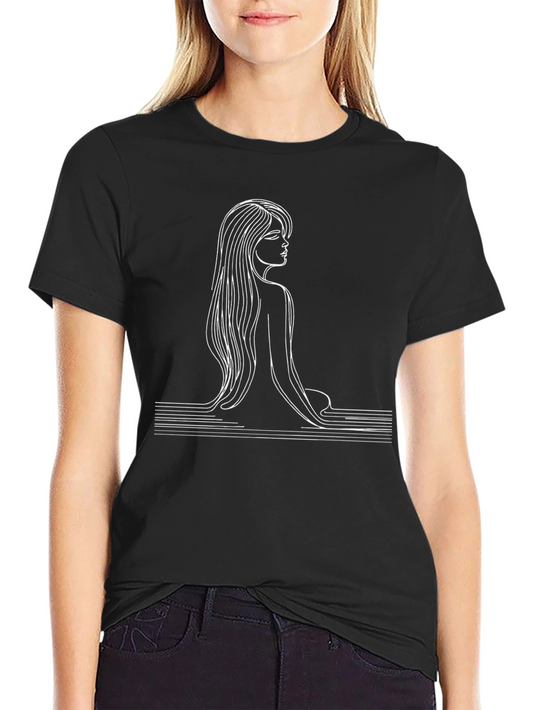 Minimalist Line Art Woman Graphic Tee - Black