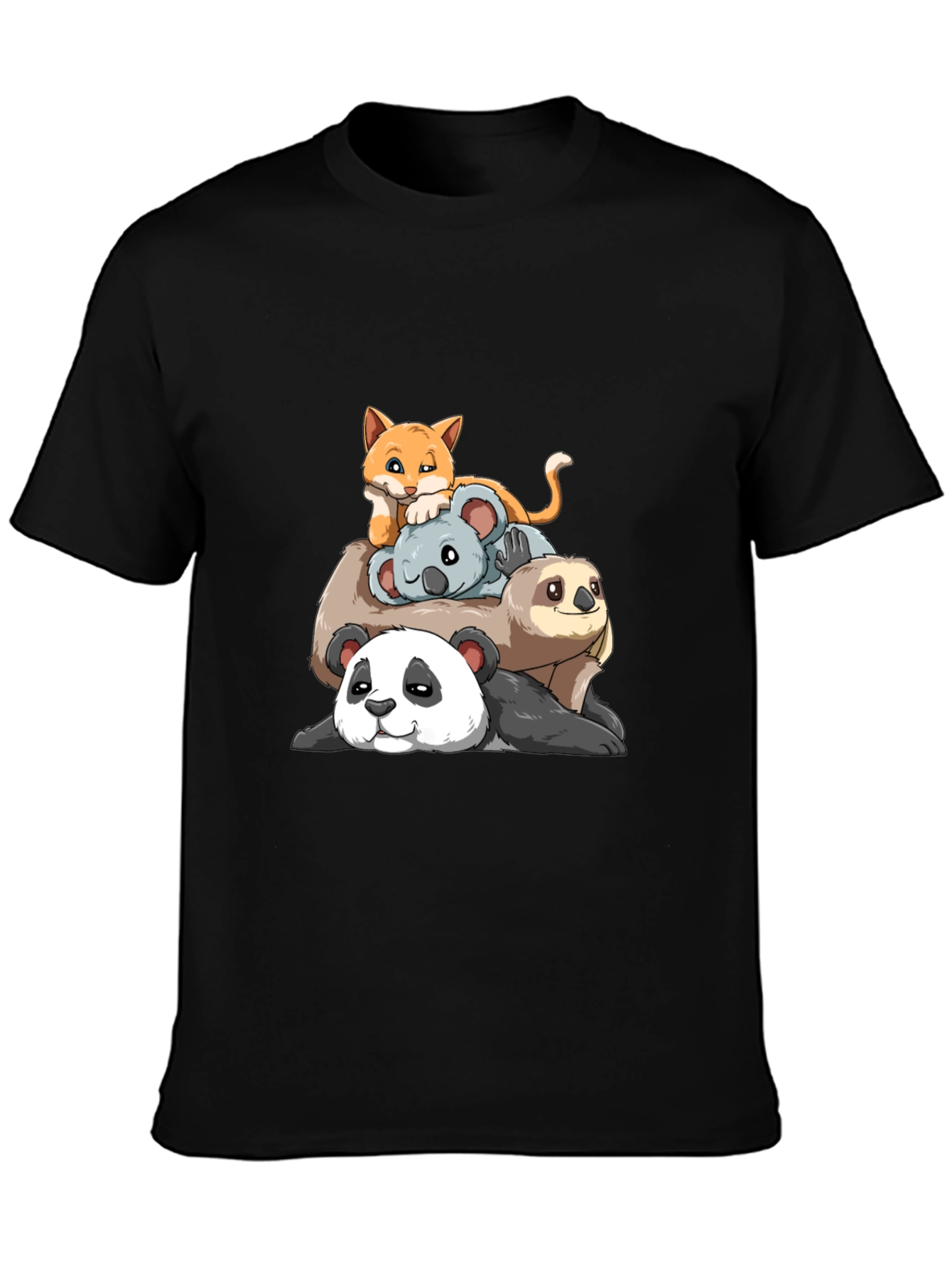 Stacked Animal Cartoon T-Shirt: Panda Sloth Koala Cat