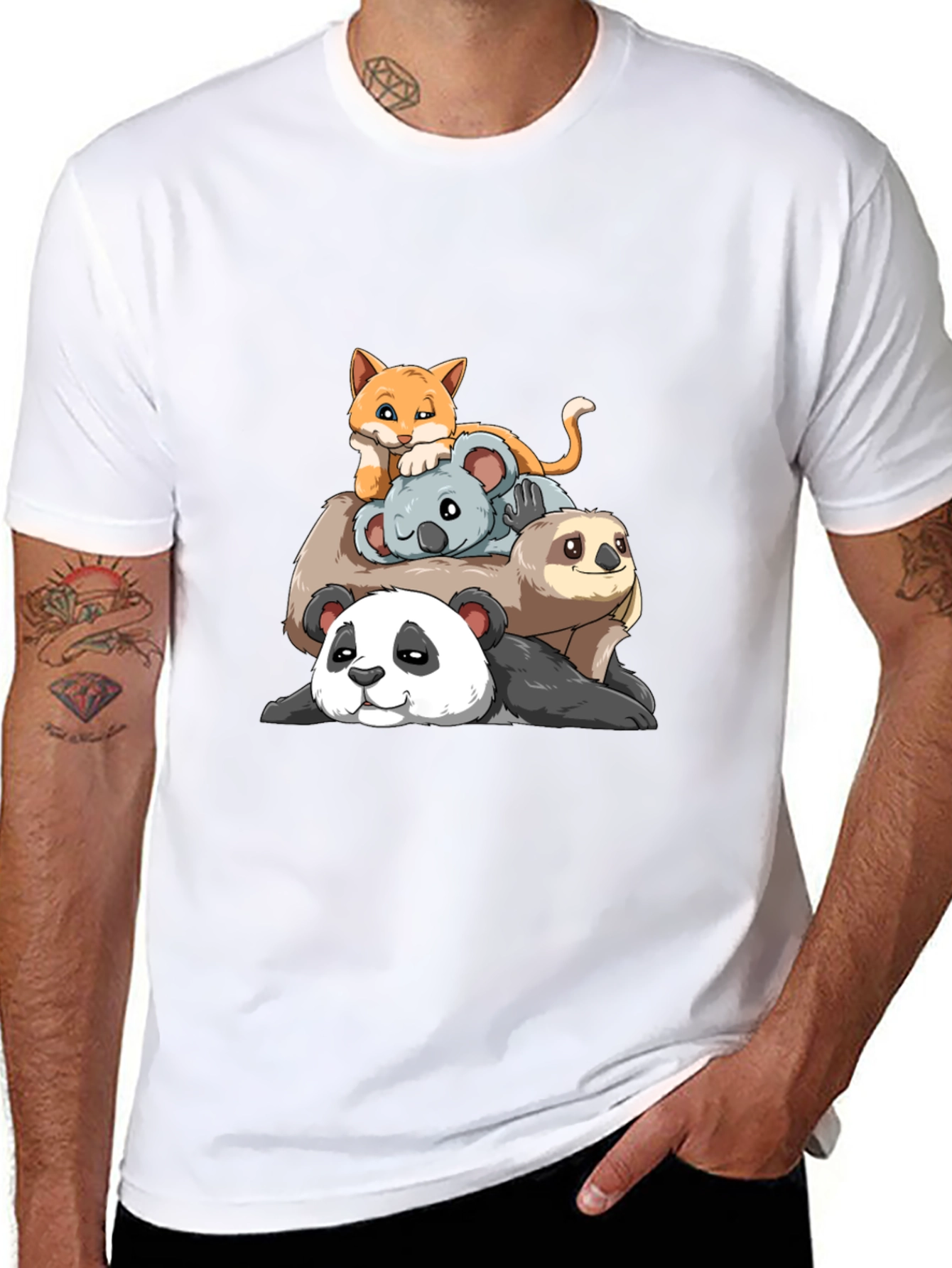 Stacked Animal Cartoon T-Shirt: Panda Sloth Koala Cat