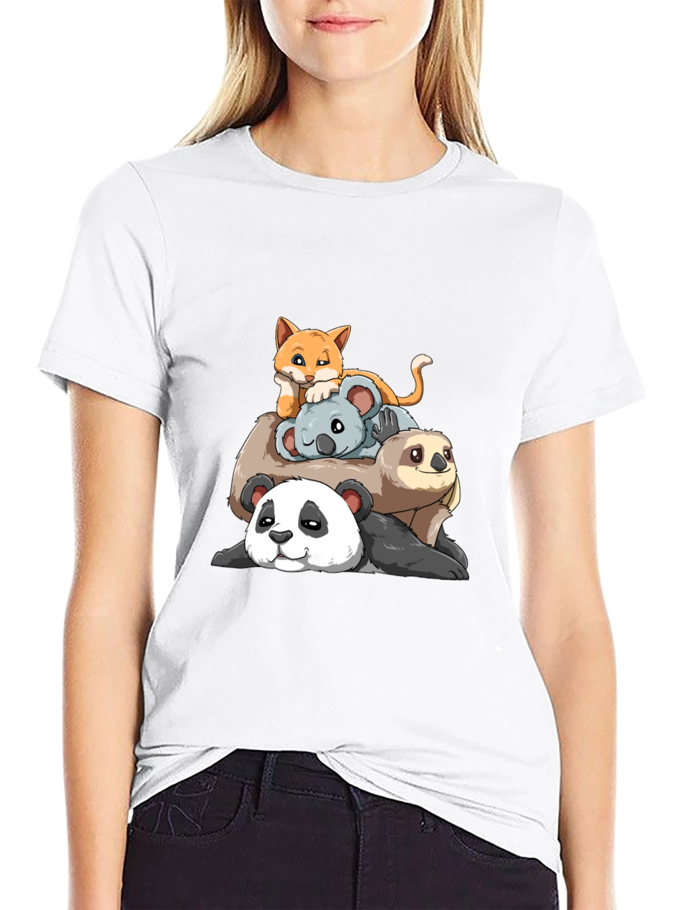 Stacked Animal Cartoon T-Shirt: Panda Sloth Koala Cat