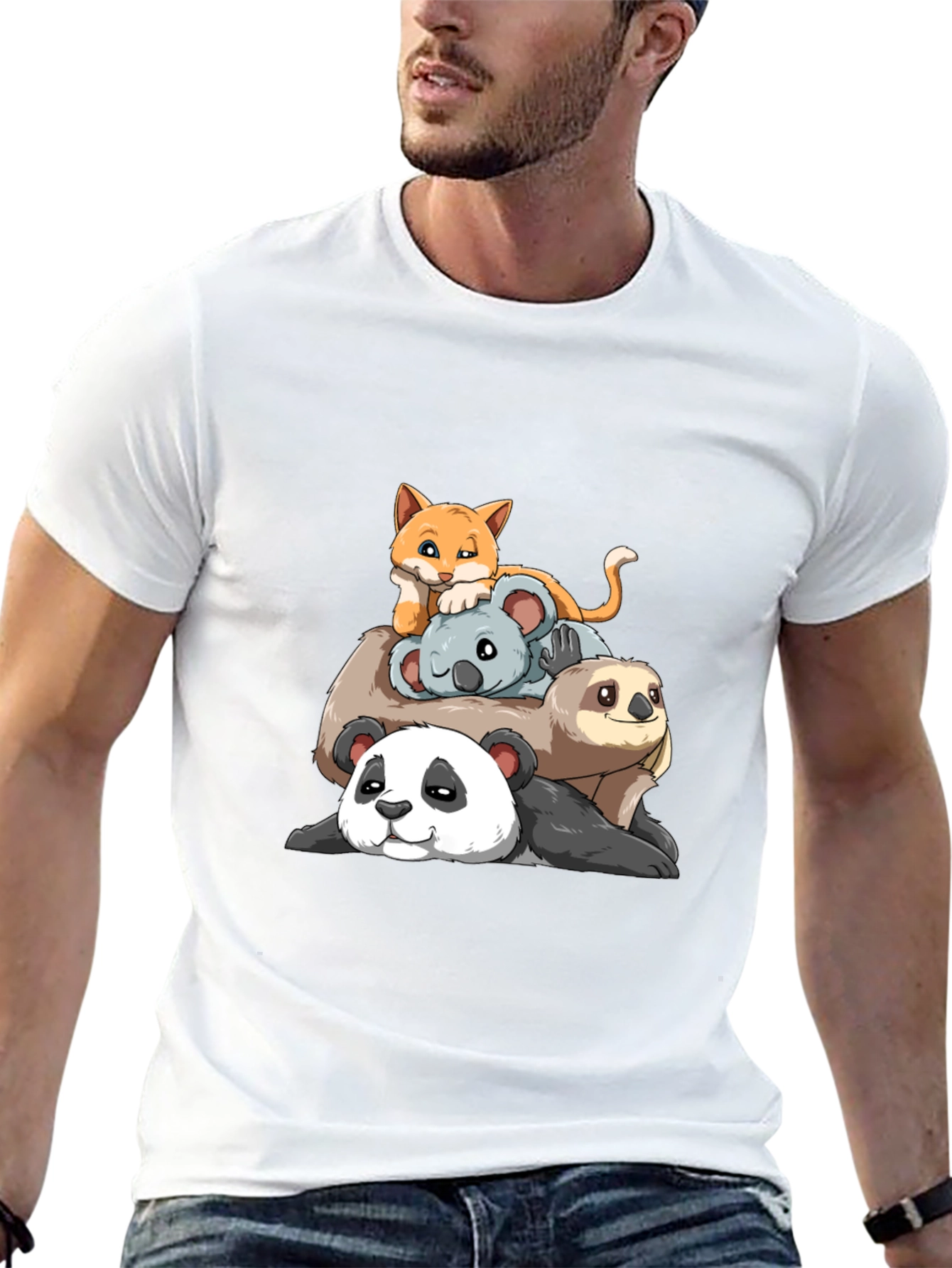 Stacked Animal Cartoon T-Shirt: Panda Sloth Koala Cat