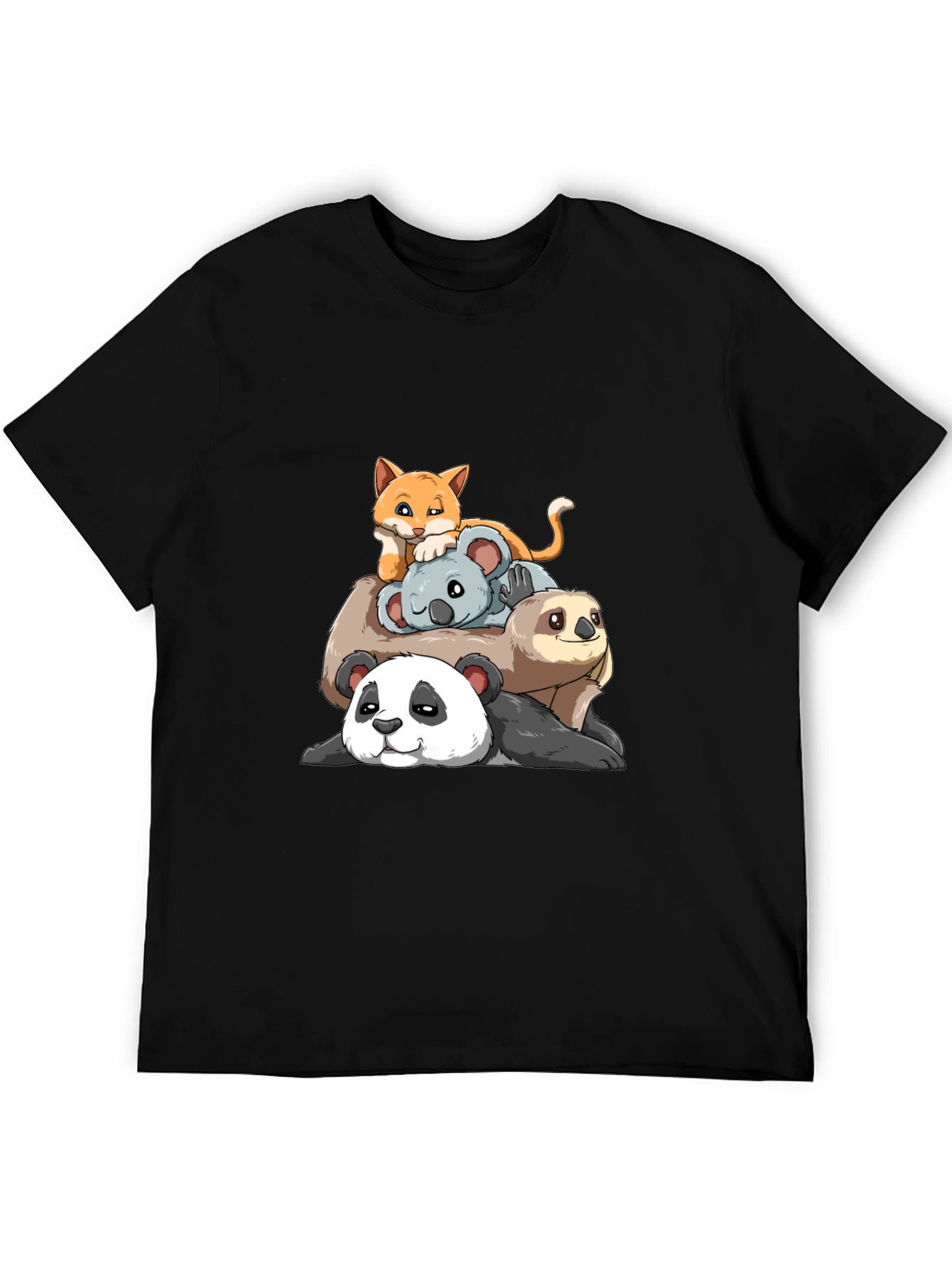 Stacked Animal Cartoon T-Shirt: Panda Sloth Koala Cat