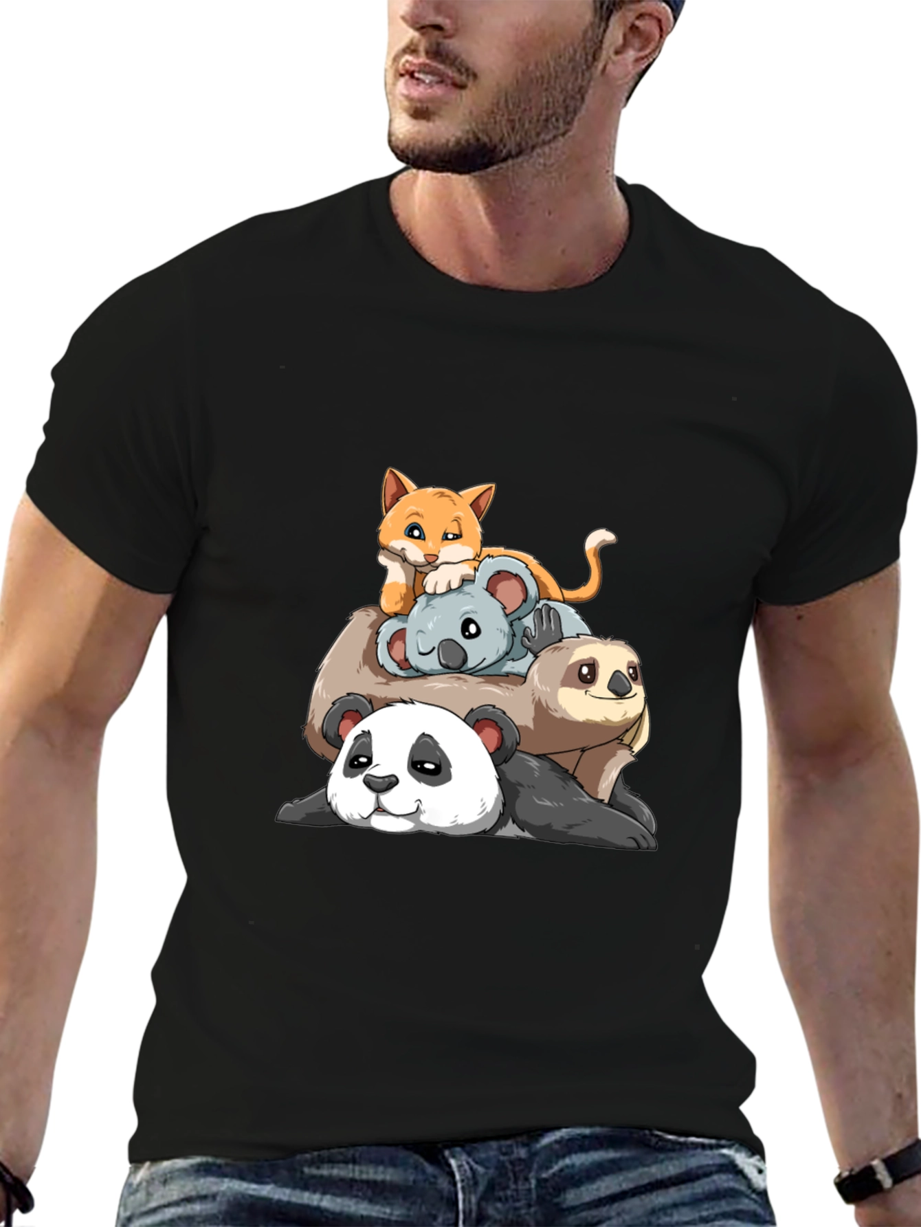 Stacked Animal Cartoon T-Shirt: Panda Sloth Koala Cat