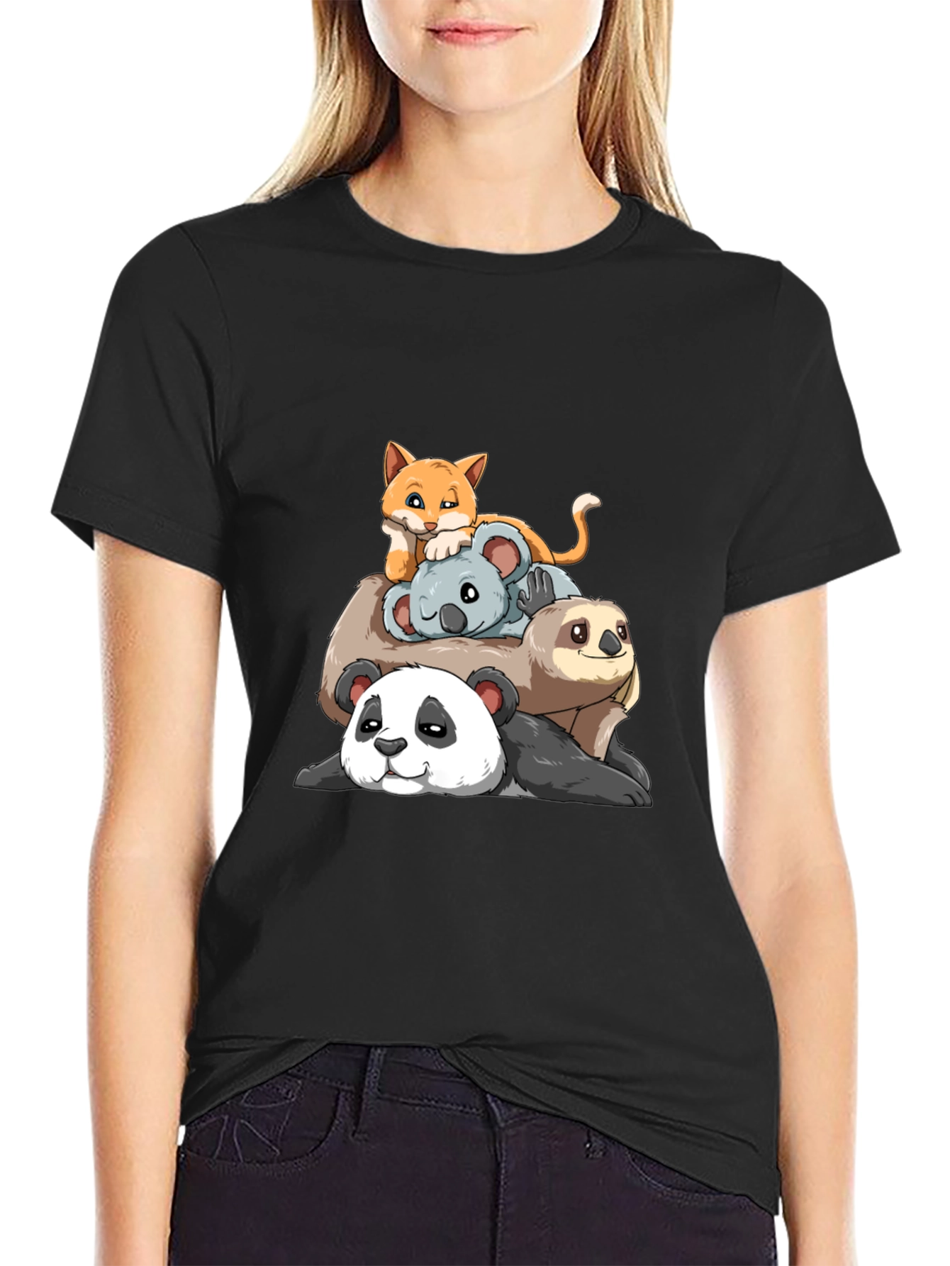 Stacked Animal Cartoon T-Shirt: Panda Sloth Koala Cat