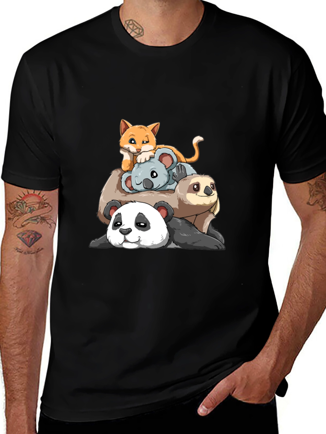 Stacked Animal Cartoon T-Shirt: Panda Sloth Koala Cat