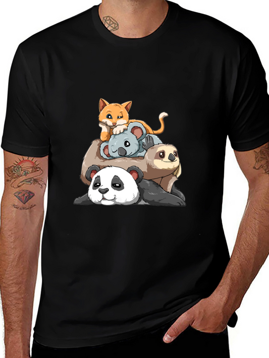 Stacked Animal Cartoon T-Shirt: Panda Sloth Koala Cat