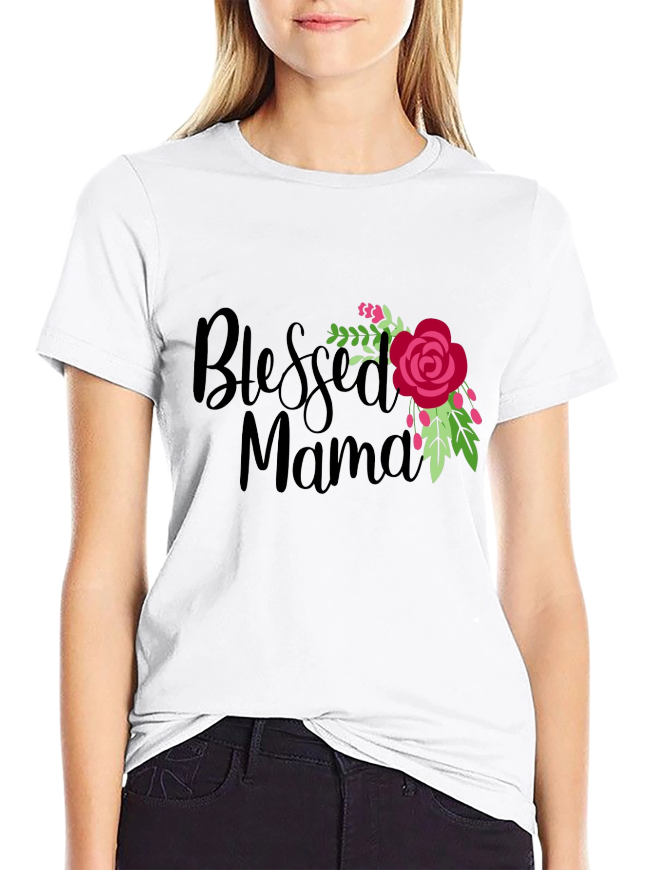 Blessed Mama Floral Graphic Black T-Shirt