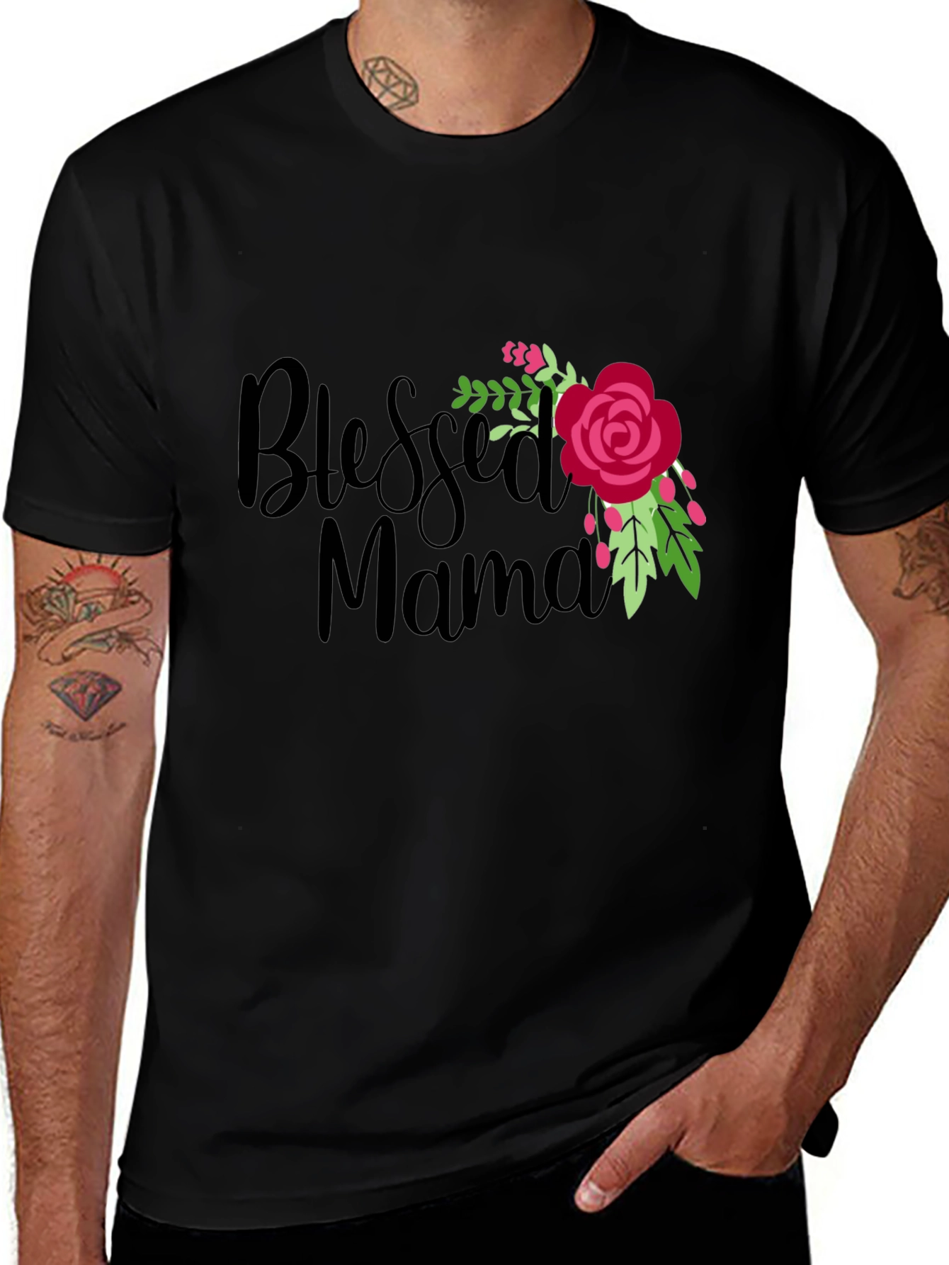 Blessed Mama Floral Graphic Black T-Shirt