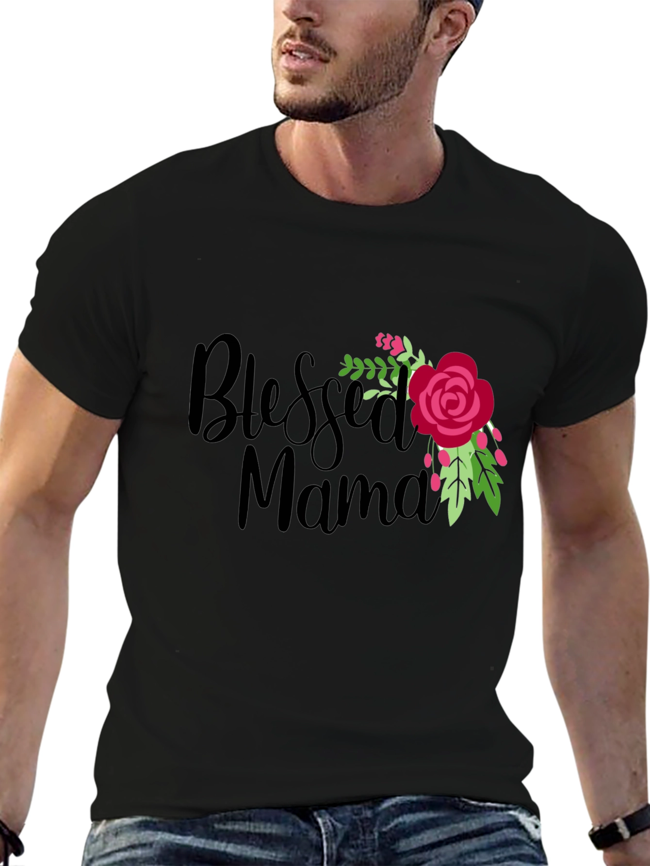 Blessed Mama Floral Graphic Black T-Shirt