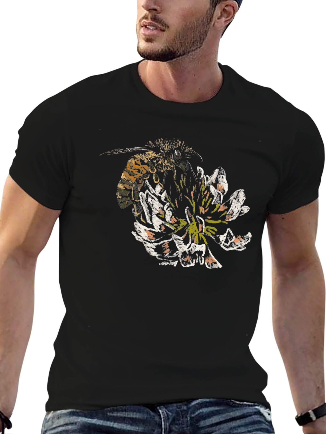 Bee and Flower Graphic T-Shirt - Black Cotton Tee