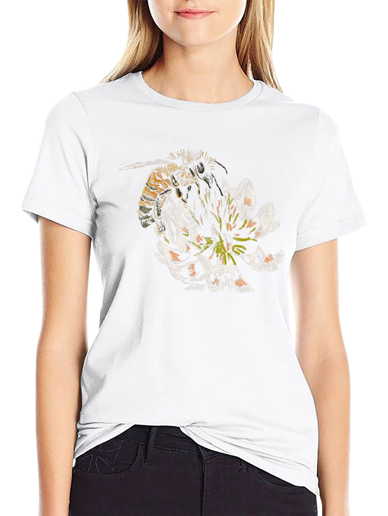 Bee and Flower Graphic T-Shirt - Black Cotton Tee
