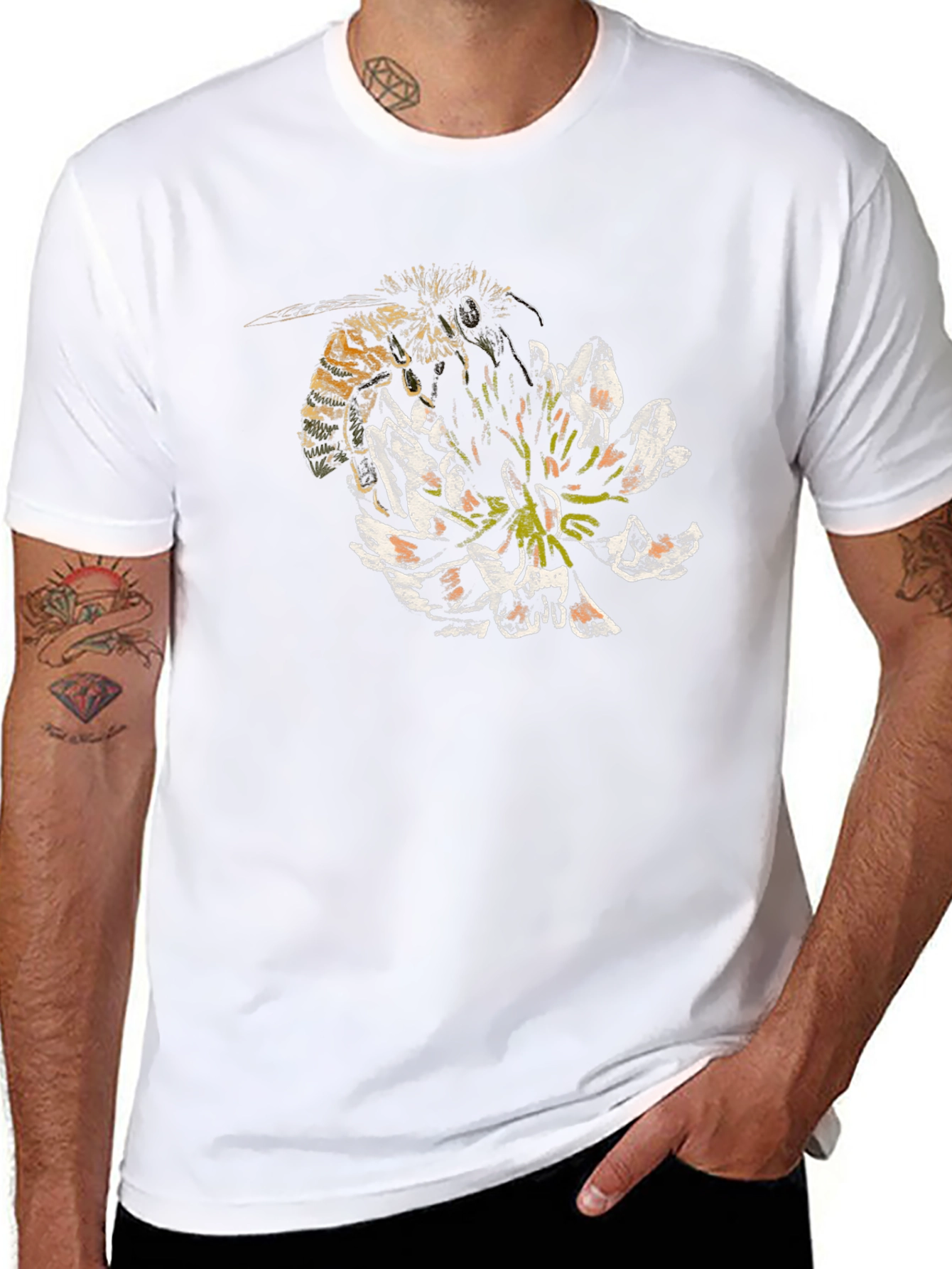 Bee and Flower Graphic T-Shirt - Black Cotton Tee