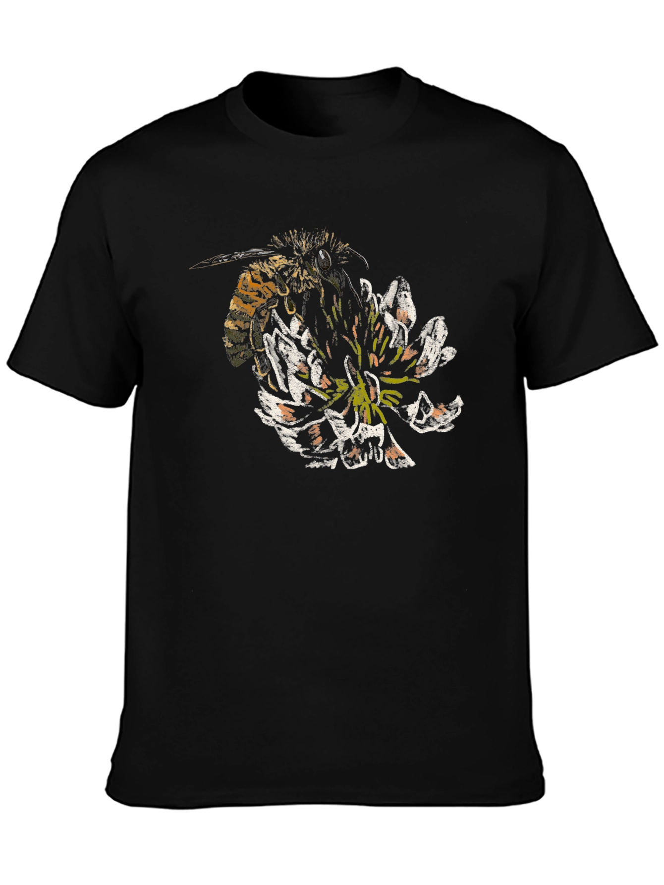 Bee and Flower Graphic T-Shirt - Black Cotton Tee