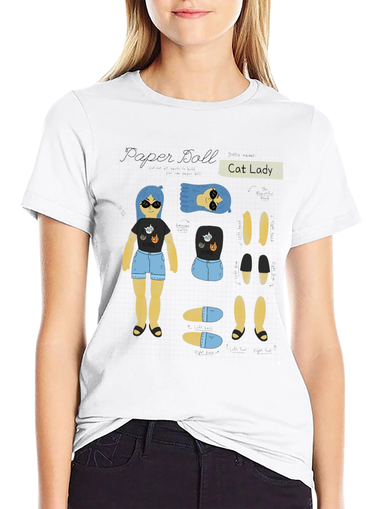 Paper Doll Cat Lady T-Shirt Novelty Tee