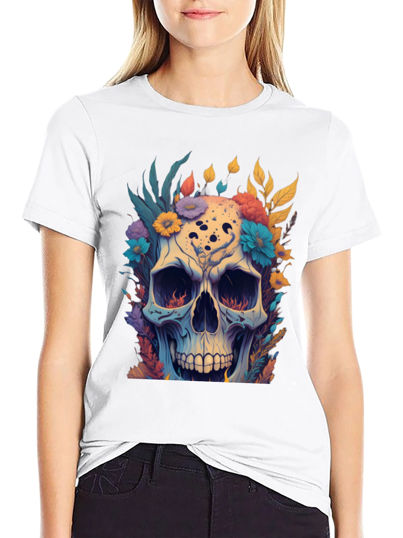 Floral Skull Graphic Tee - Black Cotton T-Shirt