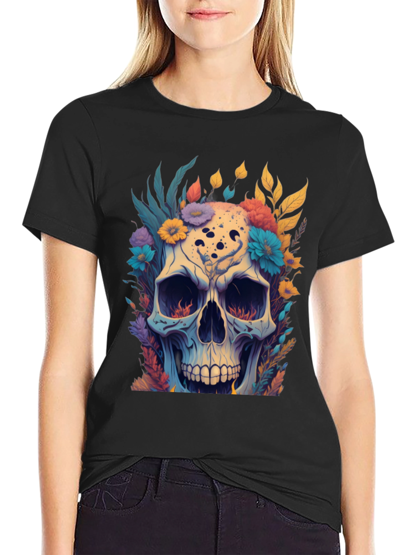 Floral Skull Graphic Tee - Black Cotton T-Shirt