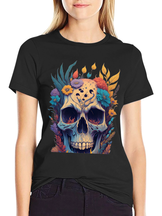 Floral Skull Graphic Tee - Black Cotton T-Shirt