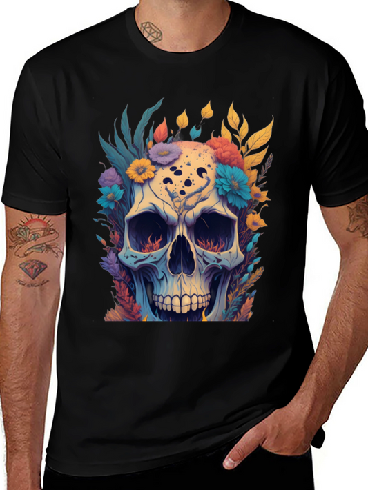 Floral Skull Graphic Tee - Black Cotton T-Shirt