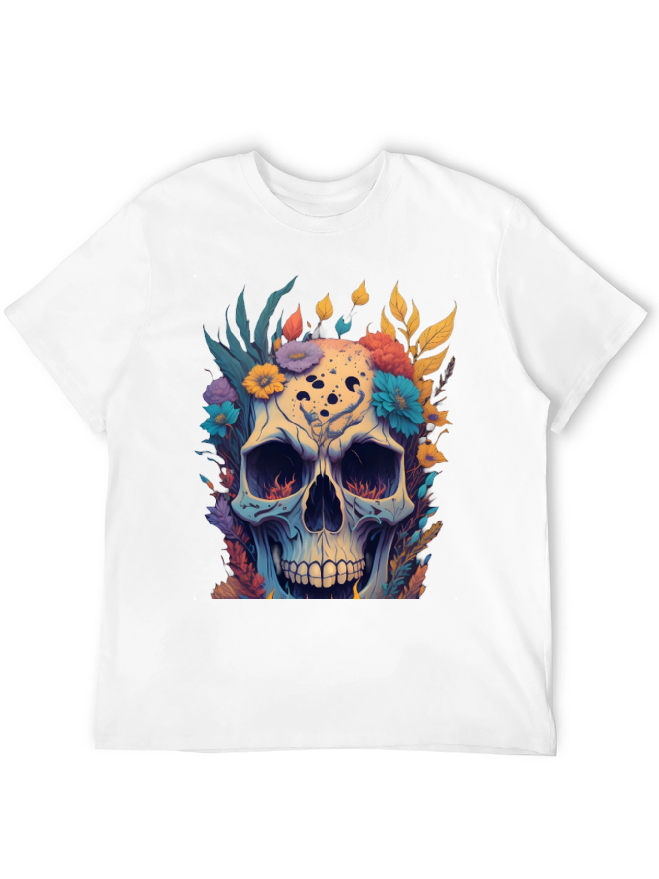 Floral Skull Graphic Tee - Black Cotton T-Shirt