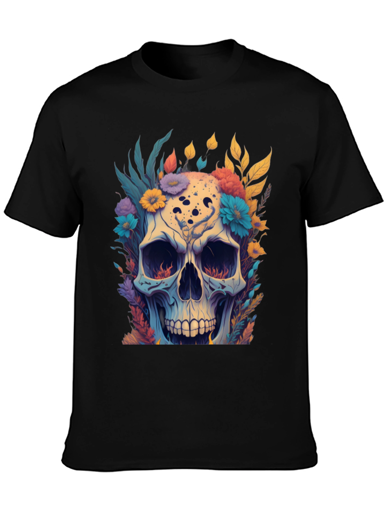 Floral Skull Graphic Tee - Black Cotton T-Shirt