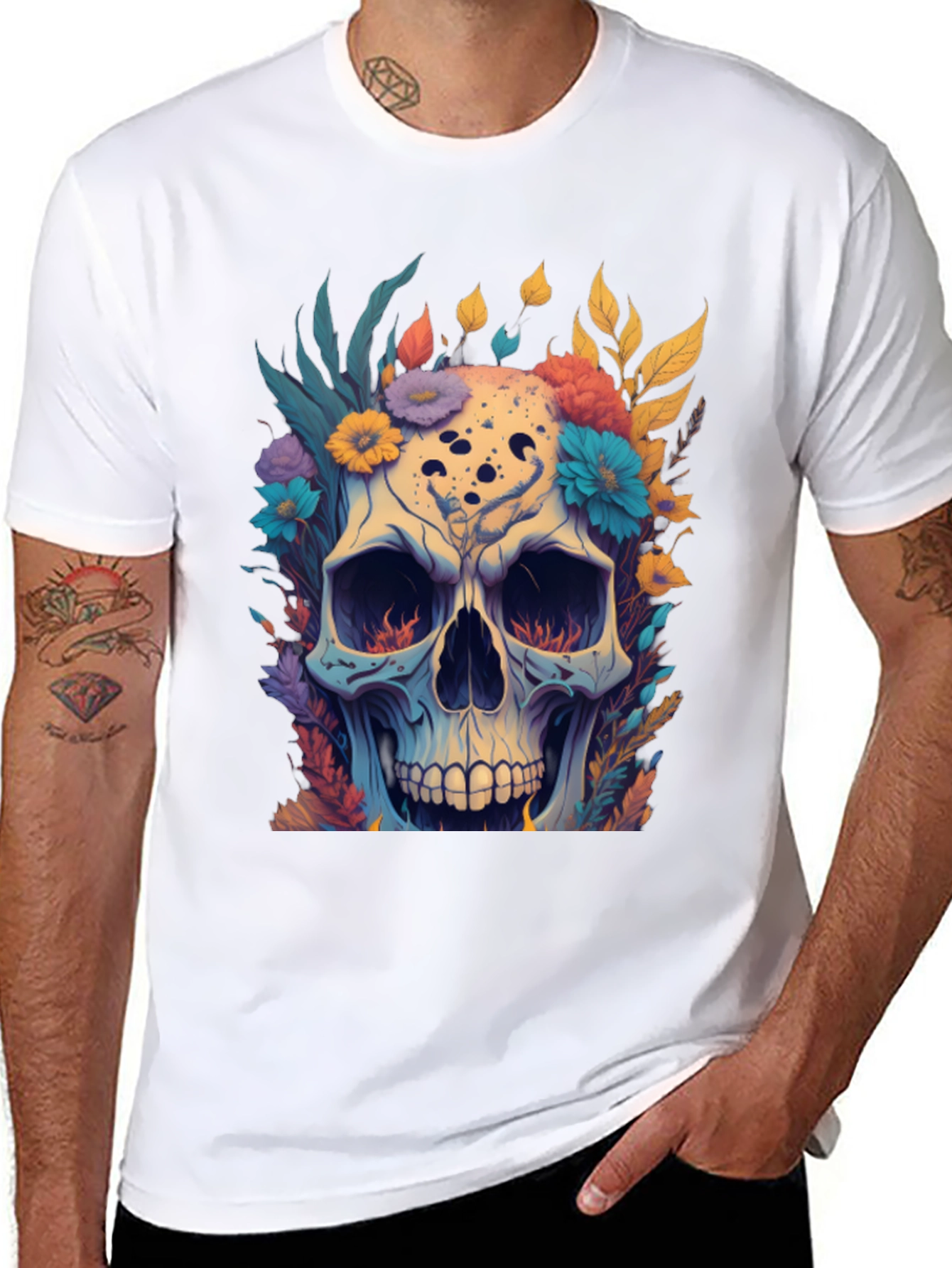 Floral Skull Graphic Tee - Black Cotton T-Shirt