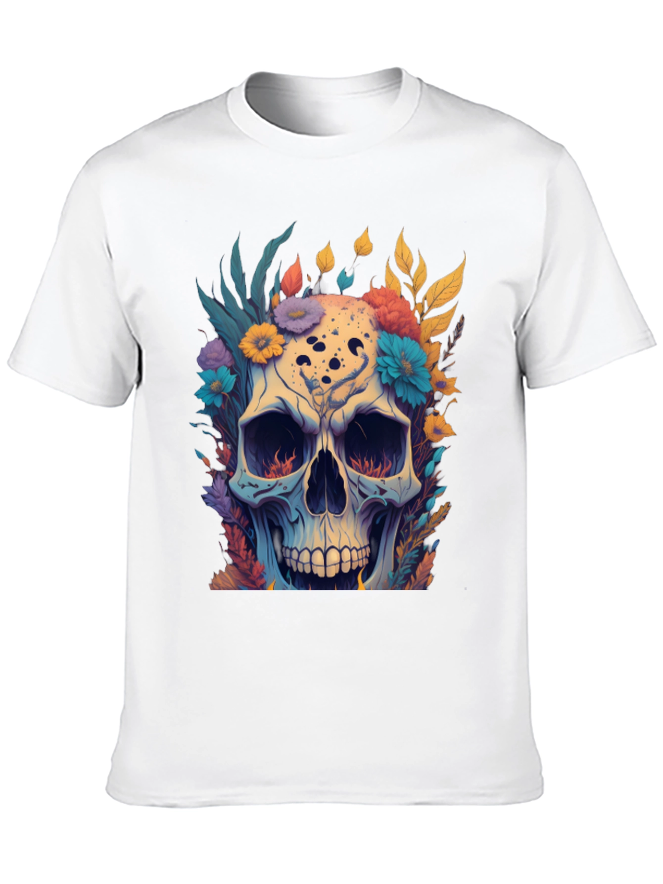 Floral Skull Graphic Tee - Black Cotton T-Shirt