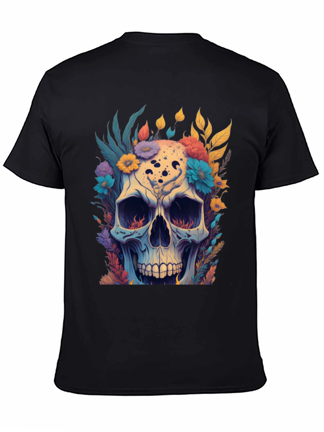 Floral Skull Graphic Tee - Black Cotton T-Shirt