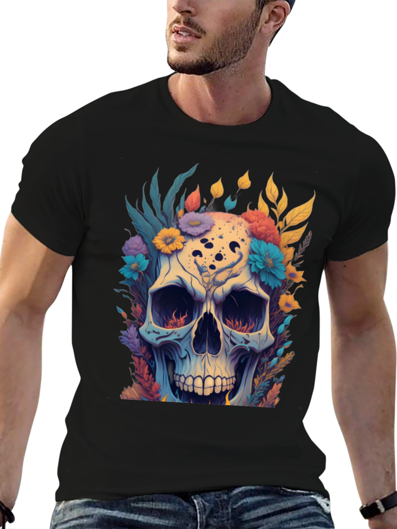 Floral Skull Graphic Tee - Black Cotton T-Shirt
