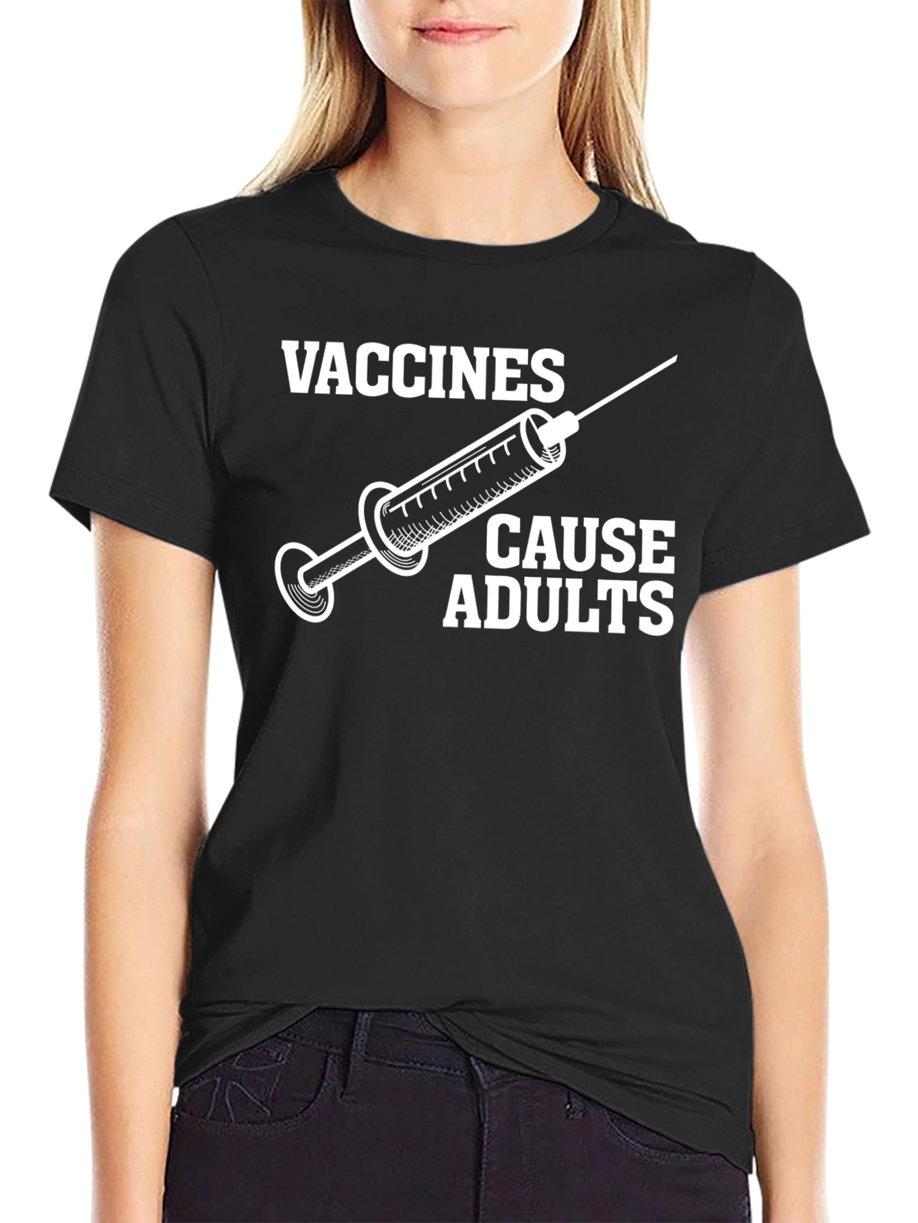 Vaccines Cause Adults Graphic Tee - Black Cotton T-Shirt