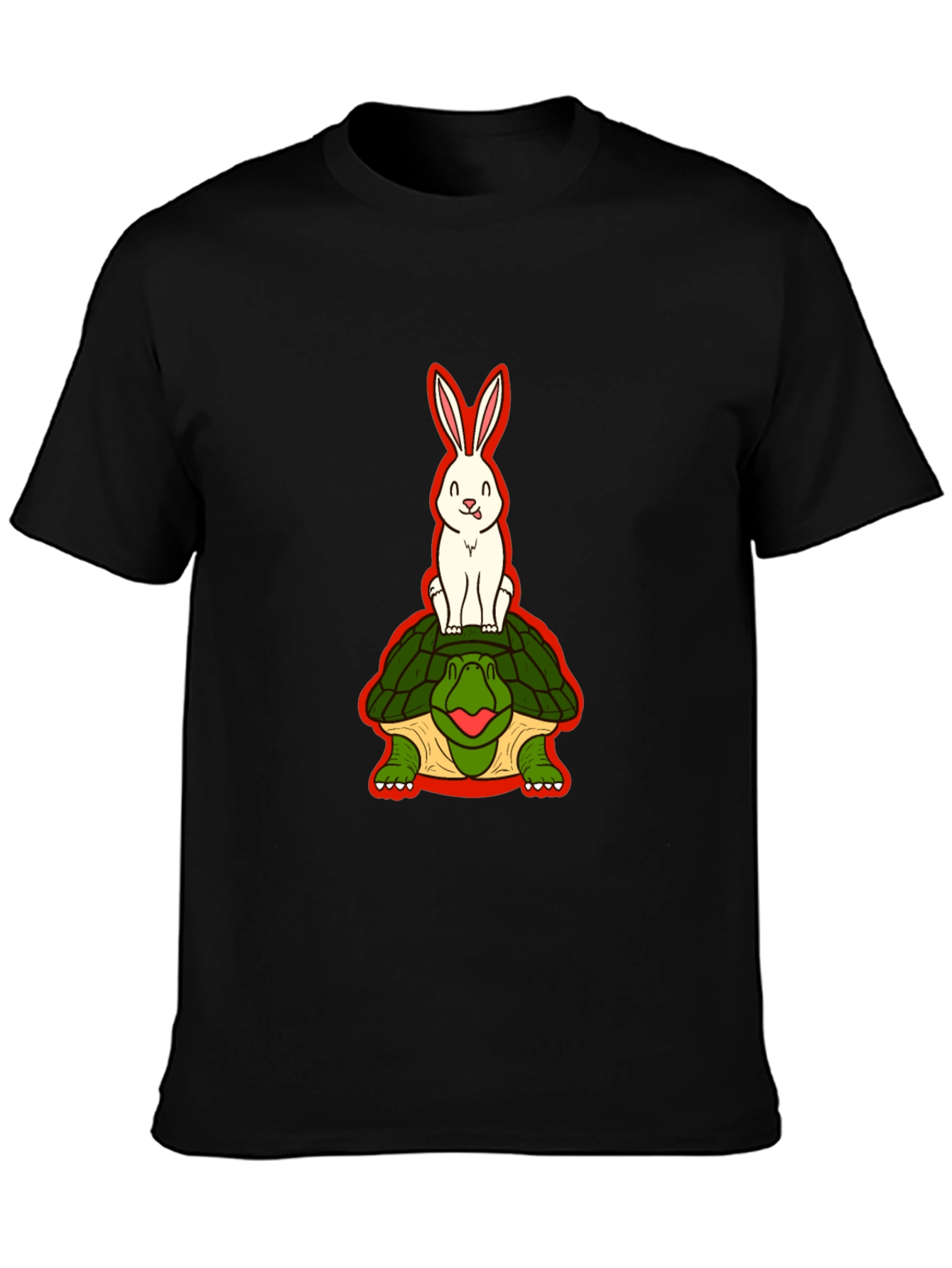Funny Rabbit Riding Turtle Black T-Shirt