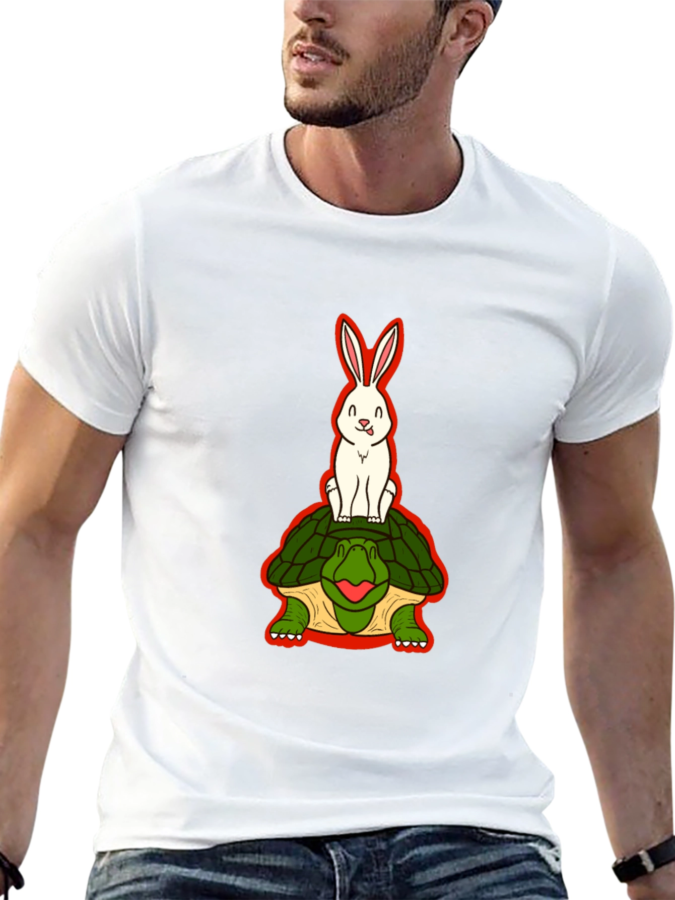 Funny Rabbit Riding Turtle Black T-Shirt