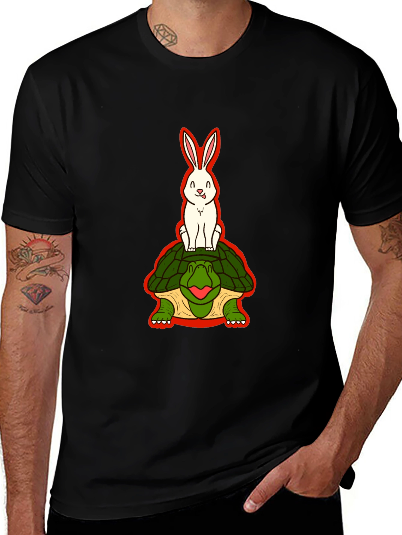 Funny Rabbit Riding Turtle Black T-Shirt
