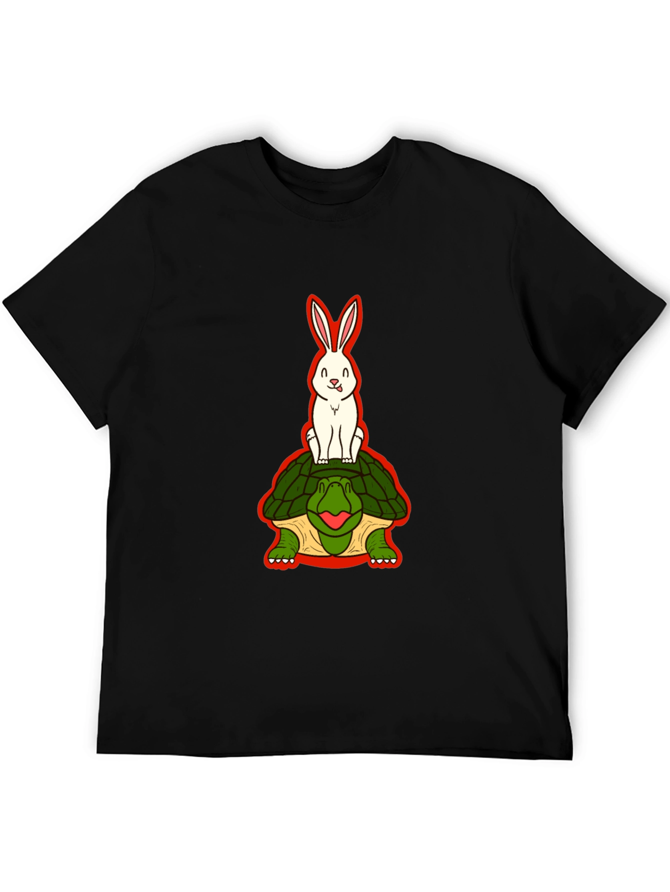 Funny Rabbit Riding Turtle Black T-Shirt