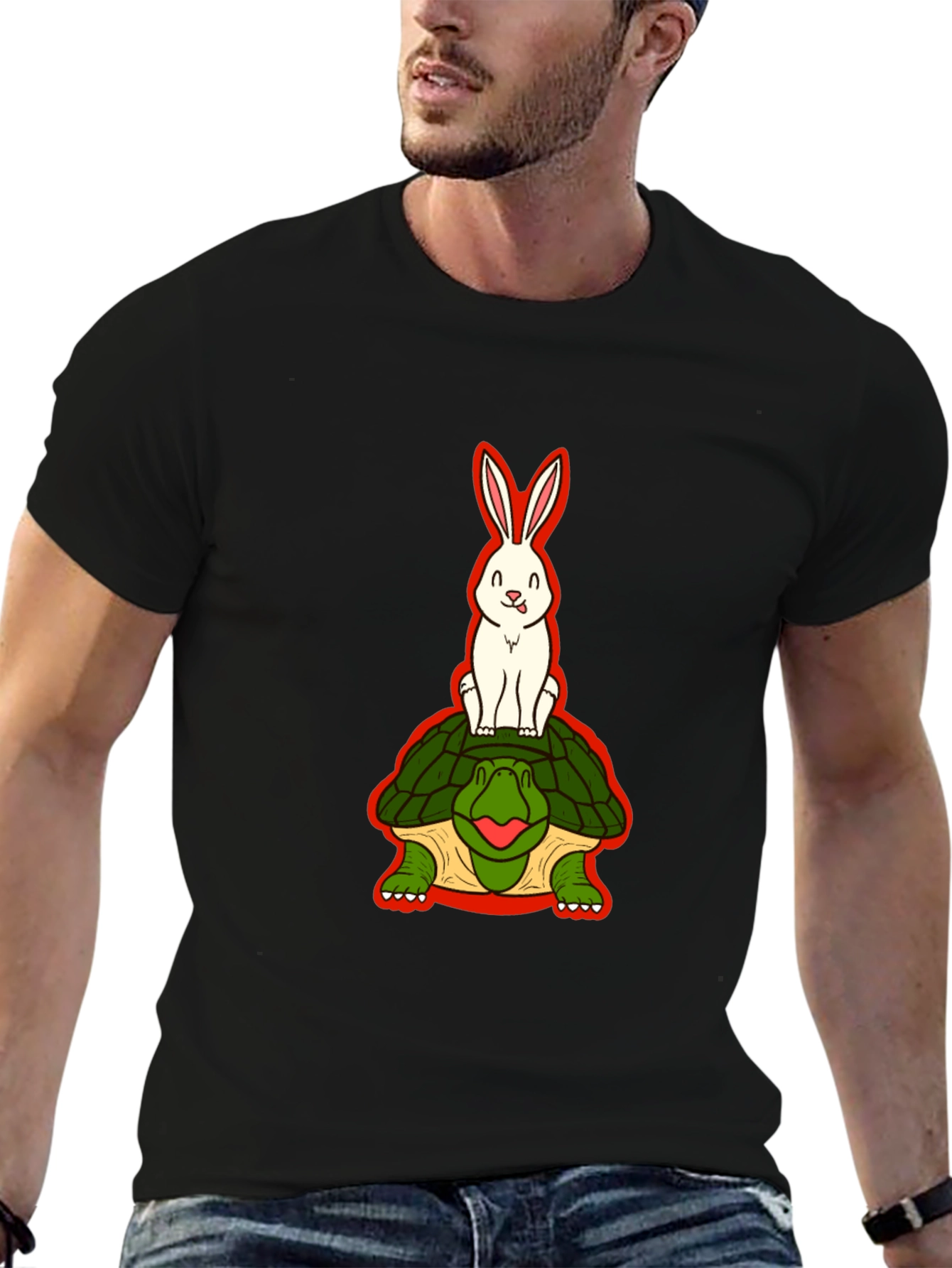 Funny Rabbit Riding Turtle Black T-Shirt