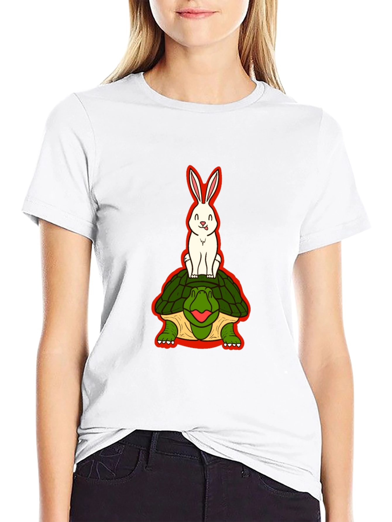 Funny Rabbit Riding Turtle Black T-Shirt
