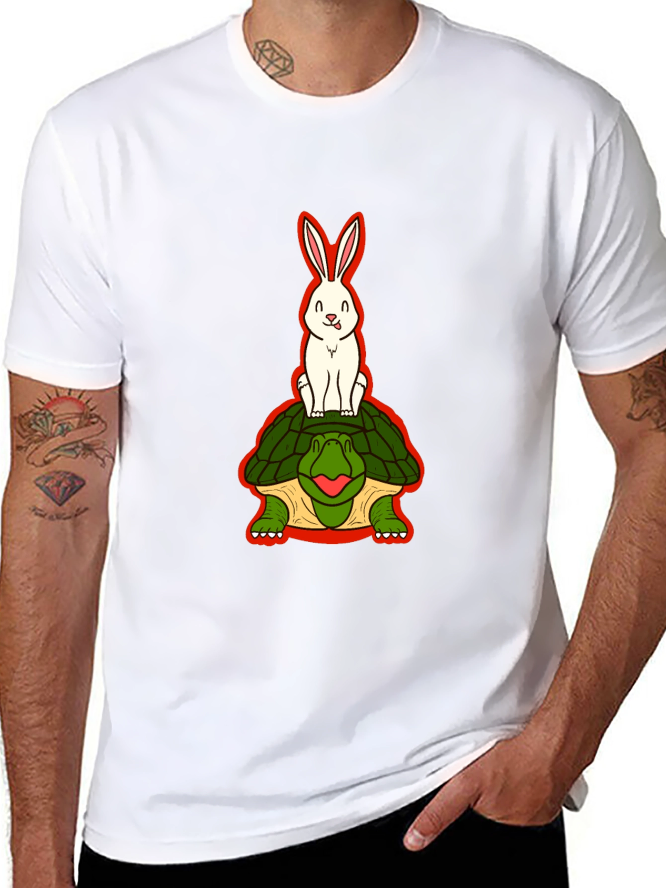 Funny Rabbit Riding Turtle Black T-Shirt