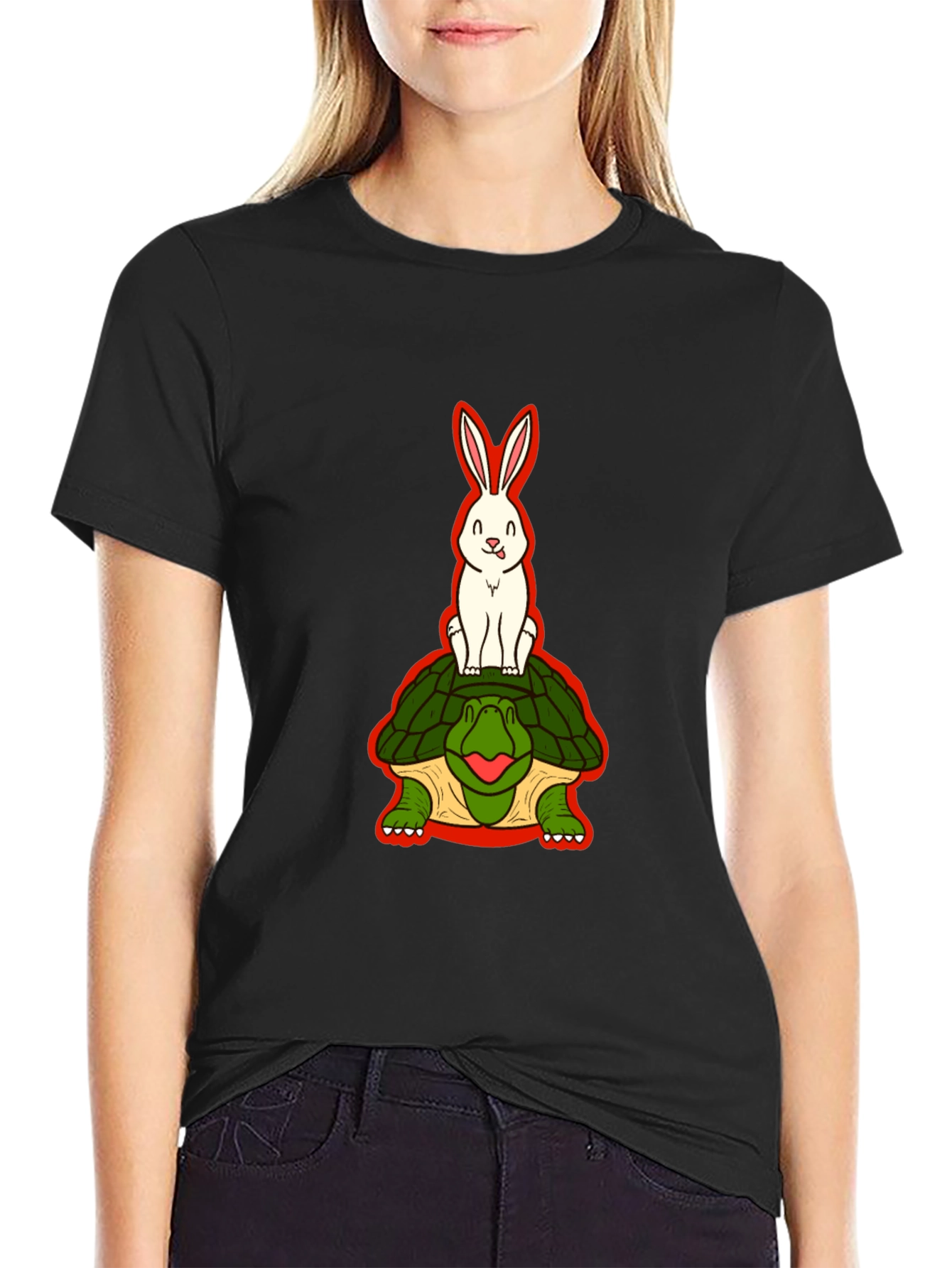 Funny Rabbit Riding Turtle Black T-Shirt