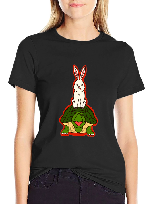Funny Rabbit Riding Turtle Black T-Shirt