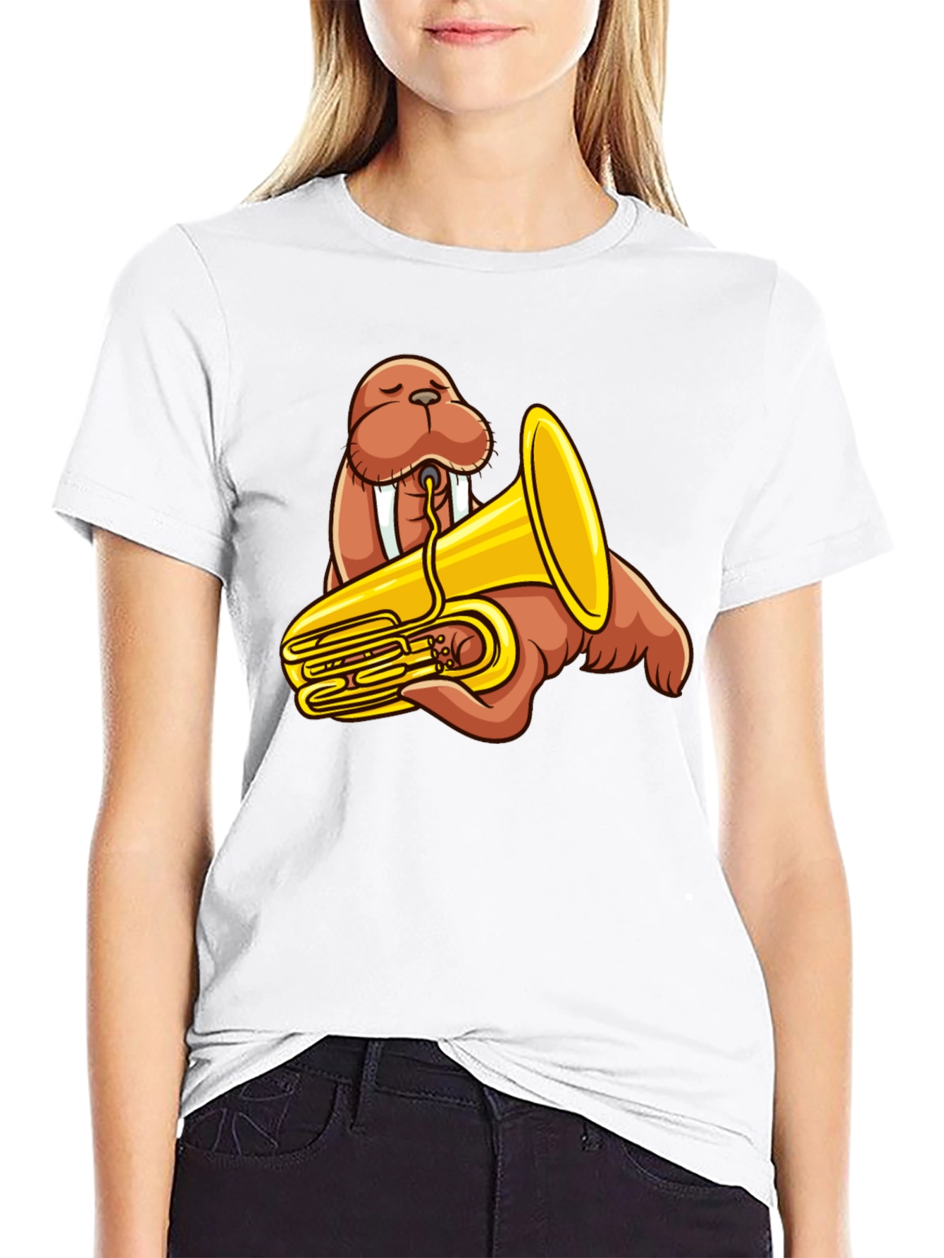 Walrus Tuba Player Graphic Tee - Black Cotton Shirt