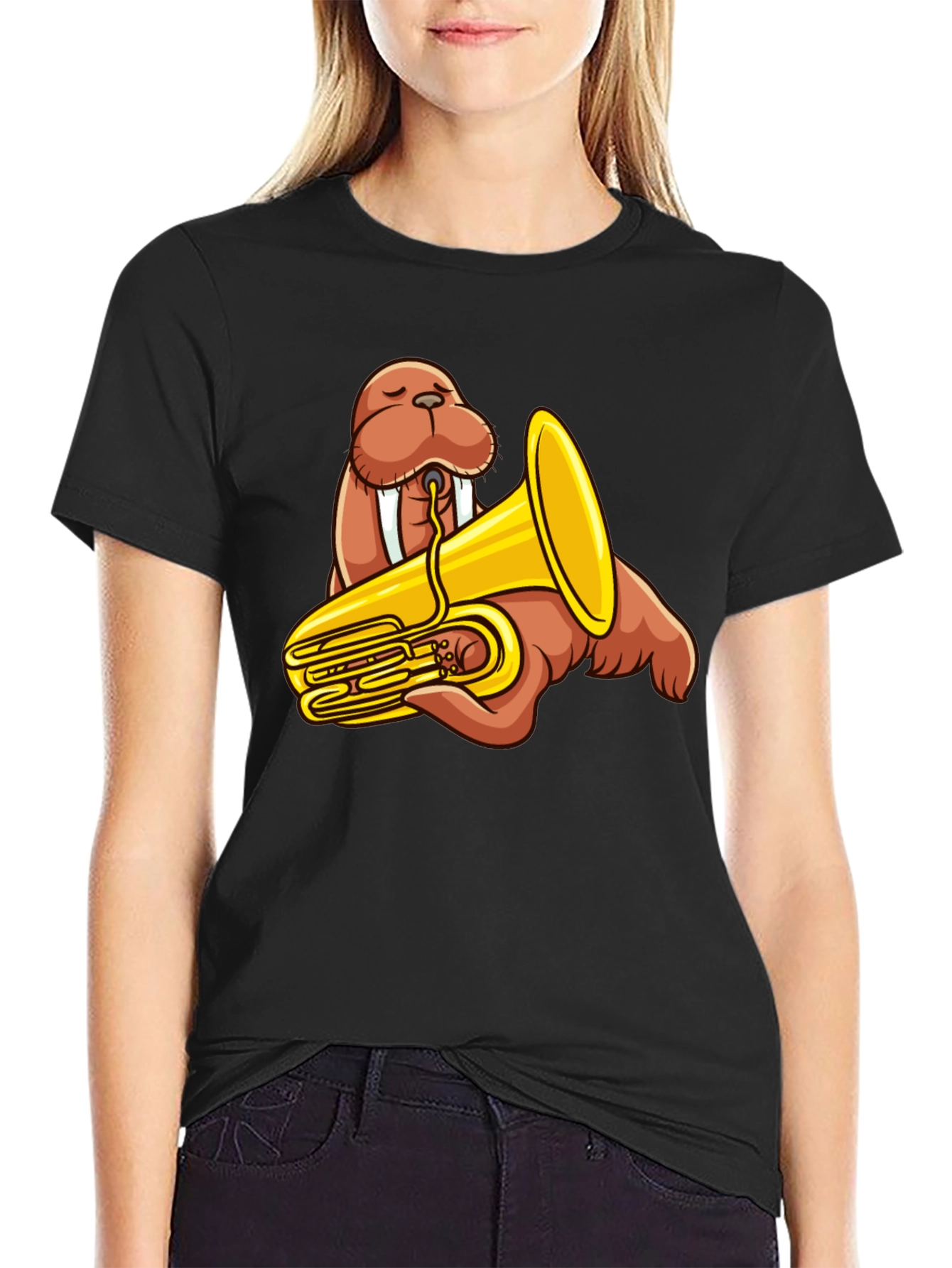 Walrus Tuba Player Graphic Tee - Black Cotton Shirt