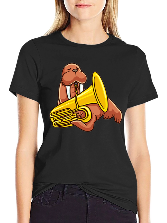 Walrus Tuba Player Graphic Tee - Black Cotton Shirt