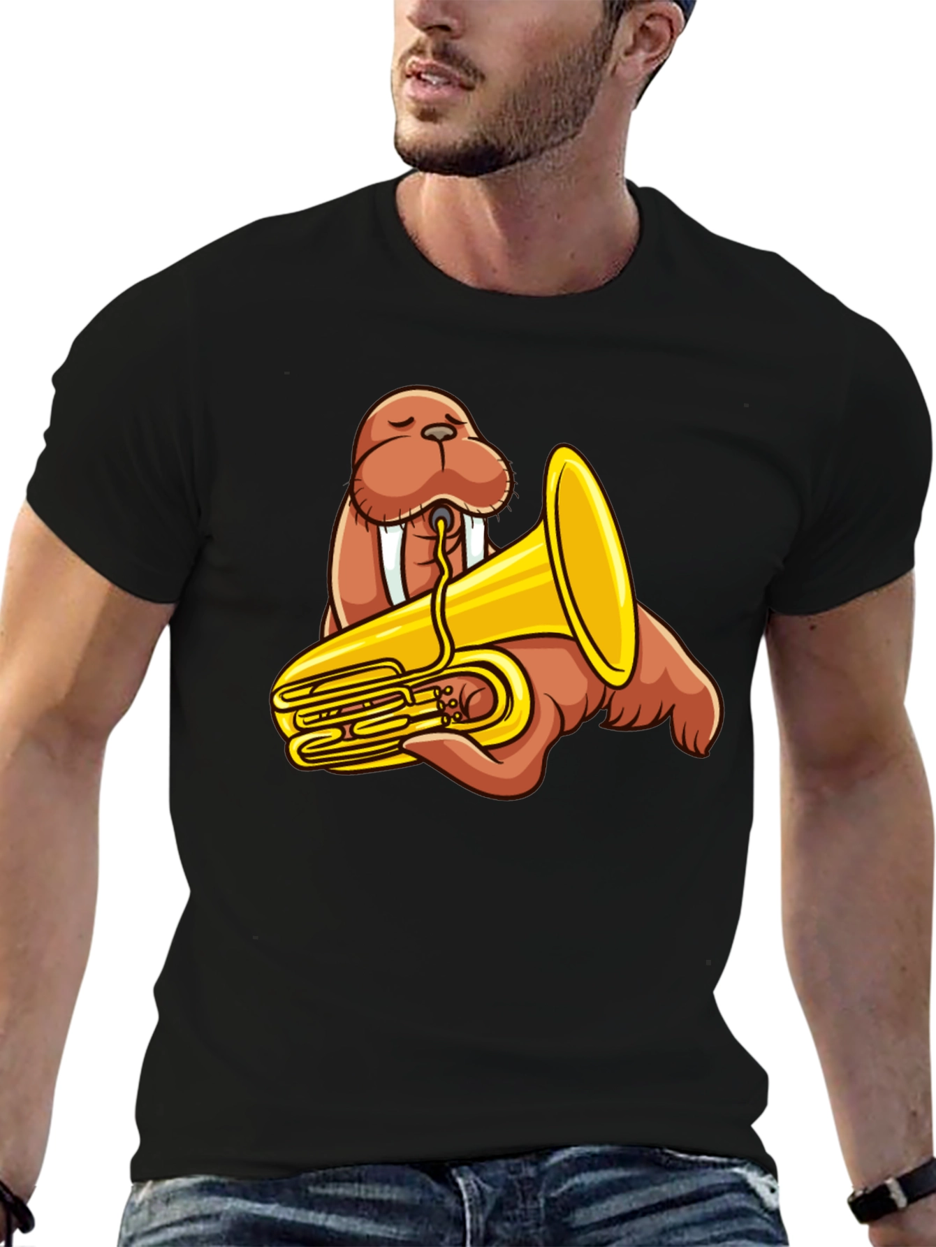 Walrus Tuba Player Graphic Tee - Black Cotton Shirt