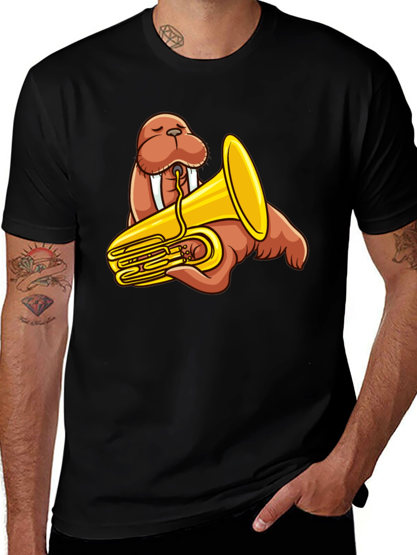 Walrus Tuba Player Graphic Tee - Black Cotton Shirt