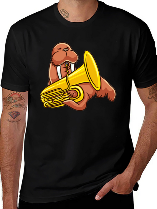 Walrus Tuba Player Graphic Tee - Black Cotton Shirt