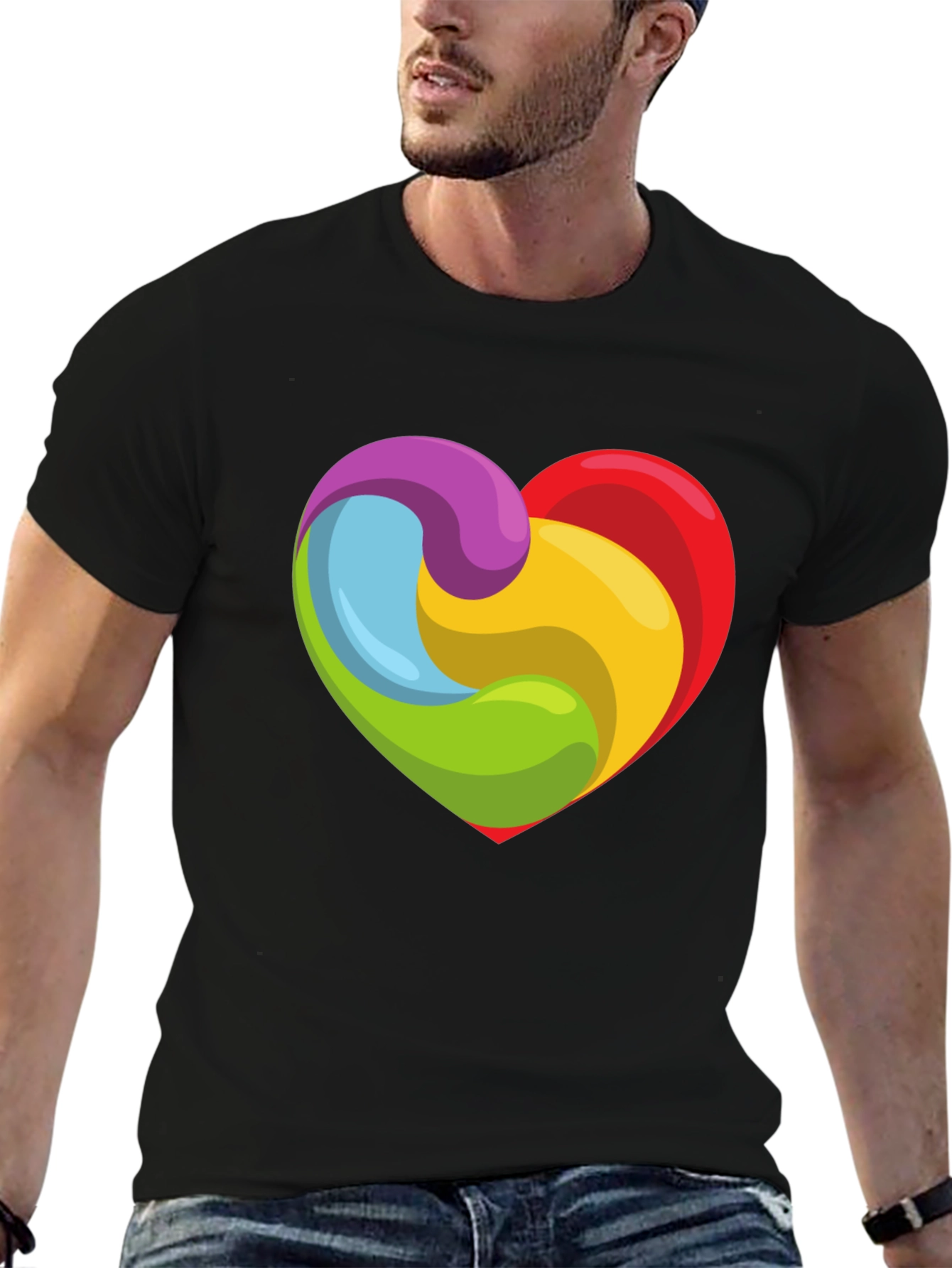 Rainbow Heart Swirl Graphic Black T-Shirt