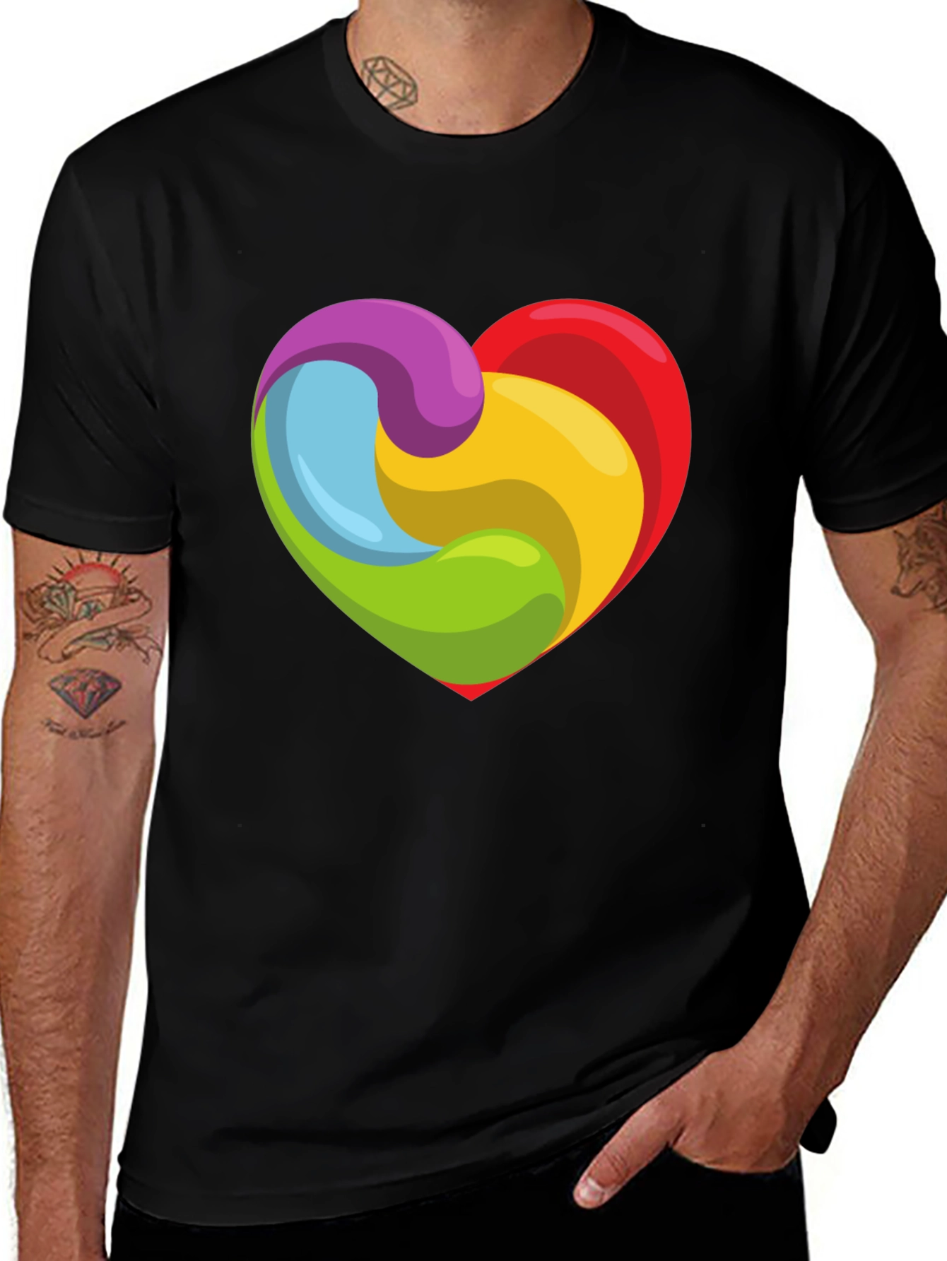 Rainbow Heart Swirl Graphic Black T-Shirt