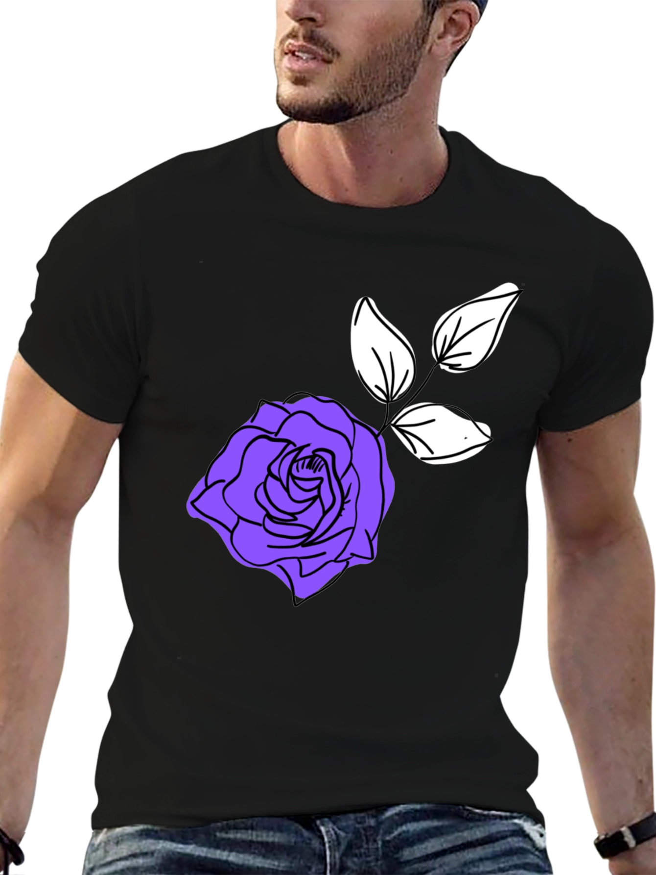 Stylish Black T-Shirt with Purple Rose