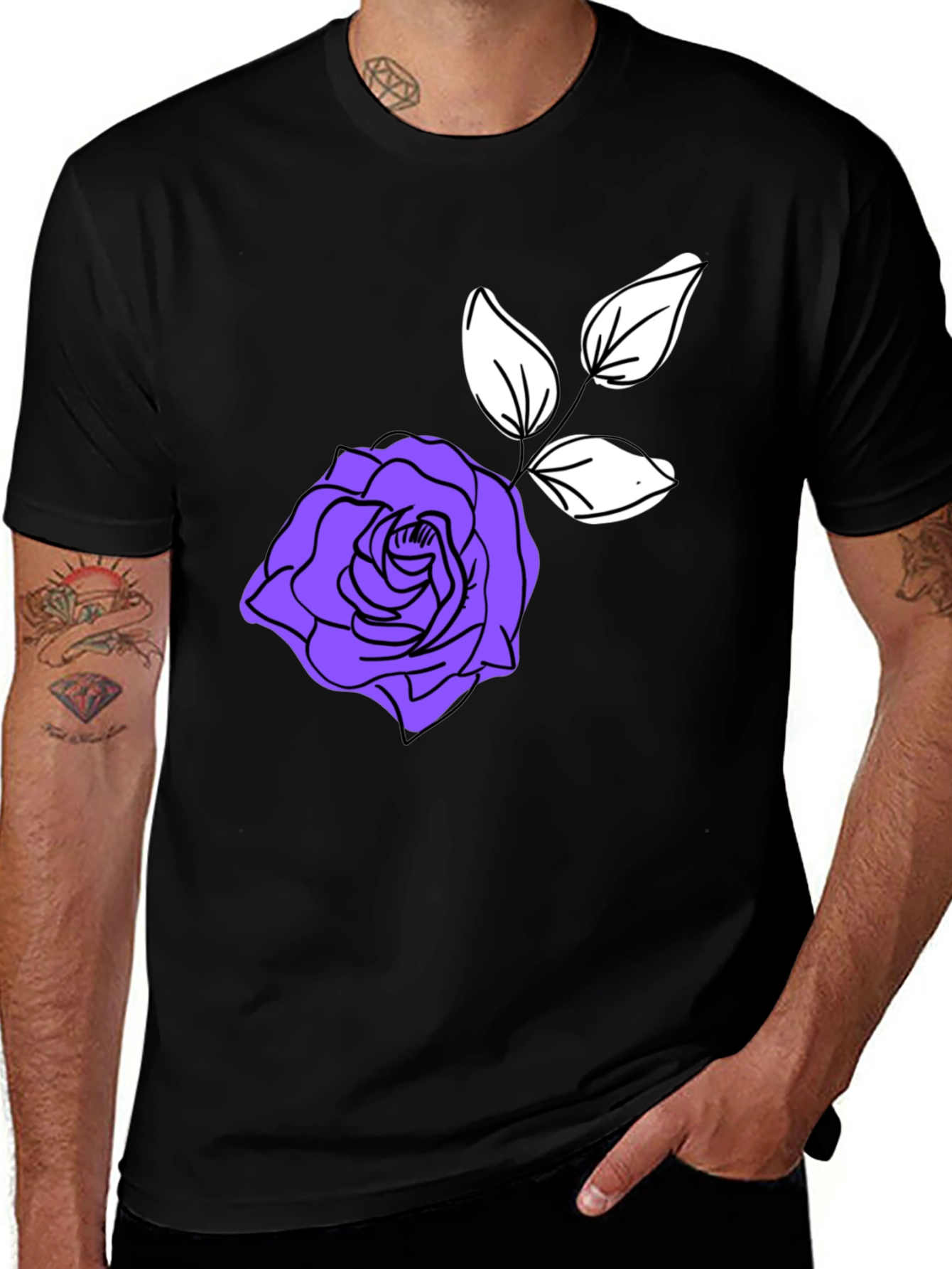 Stylish Black T-Shirt with Purple Rose