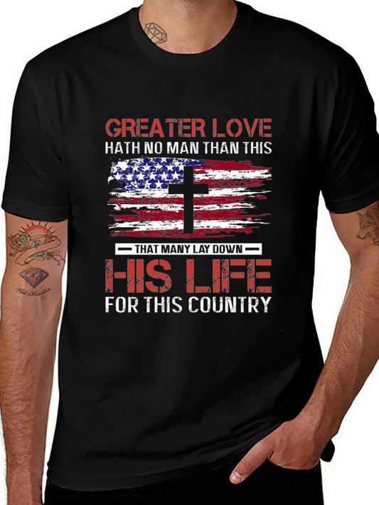 Patriotic Christian T-Shirt: Greater Love American Flag Cross